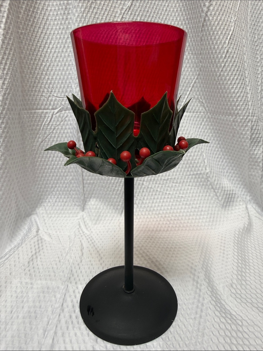Vintage 1962 Styson Hong Kong Christmas Holly Red Glass Candle Holder Small Flaw